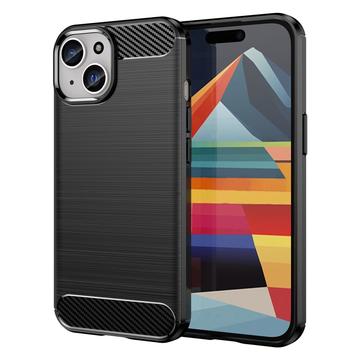 iPhone 15 Børstet TPU Cover - Karbonfiber - Sort