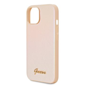 iPhone 15 Guess Iridescent Metal Script Hybrid Cover - Guld