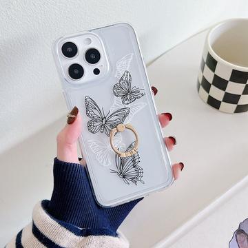 iPhone 15 Pro Sommerfugl TPU Cover med Ringholder - sort