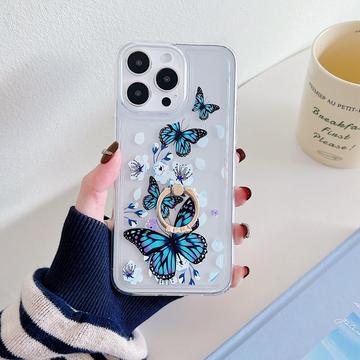 iPhone 15 Pro Sommerfugl TPU Cover med Ringholder - mørkeblå