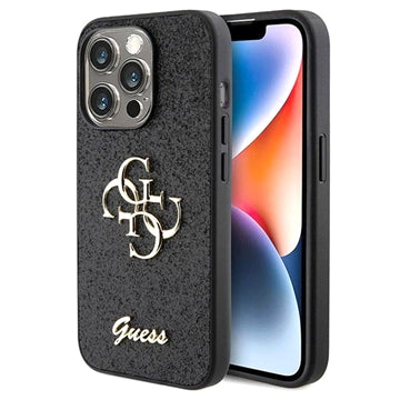 iPhone 15 Pro Guess Fixed Glitter 4G Metal Logo Cover - Sort