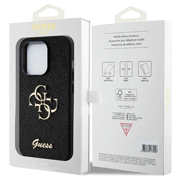 iPhone 15 Pro Guess Fixed Glitter 4G Metal Logo Cover - Sort
