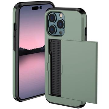 iPhone 15 Pro Hybrid Cover med Glidende Kortslot - Army Grøn