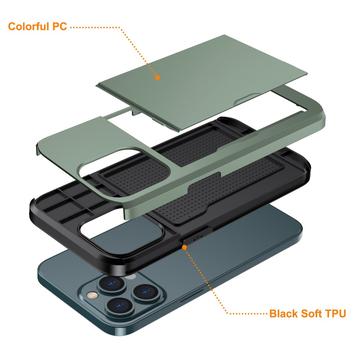 iPhone 15 Pro Hybrid Cover med Glidende Kortslot - Army Grøn