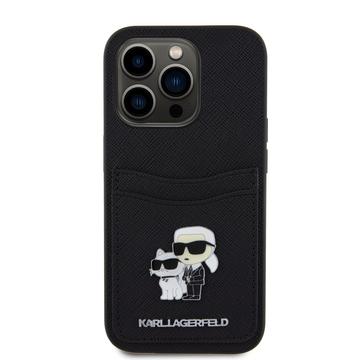 iPhone 15 Pro Karl Lagerfeld Saffiano etui med kortlomme i metal Karl & Choupette - sort