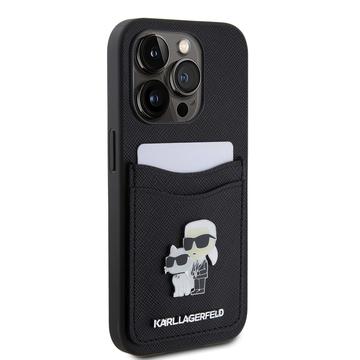 iPhone 15 Pro Karl Lagerfeld Saffiano etui med kortlomme i metal Karl & Choupette - sort