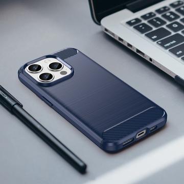 iPhone 15 Pro Max Børstet TPU Cover - Karbonfiber - Blå