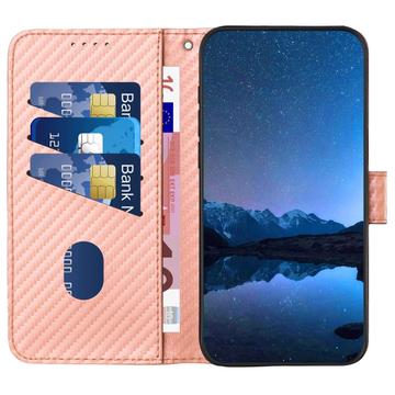 iPhone 15 Pro Max Premium Wallet-etui med rem - kulfiberstruktur - Kulstoflyserød