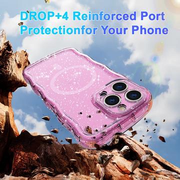iPhone 15 Pro Max Wave-Edge Laser Glitter MagSafe Cover - Gennemsigtig pink