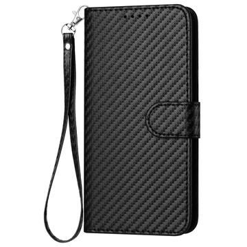 iPhone 15 Pro Premium Wallet-etui med rem - kulfiberstruktur - kulsort