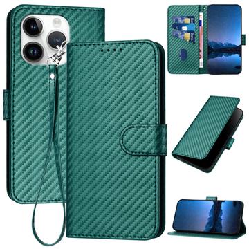 iPhone 15 Pro Premium Wallet-etui med rem - kulfiberstruktur - Kulstofgrøn