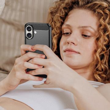 iPhone 16 Børstet TPU Cover - Karbonfiber - Sort