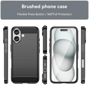 iPhone 16 Børstet TPU Cover - Karbonfiber - Sort