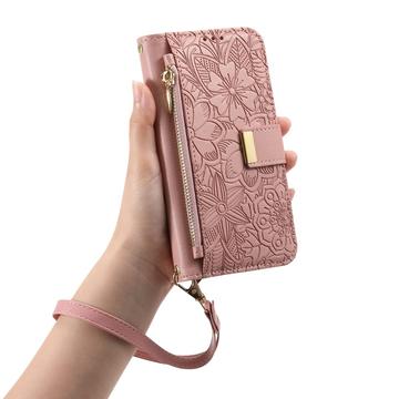 iPhone 16 Pungetui med blomster- og bladmønster med lynlåslomme og håndledsrem - Pink