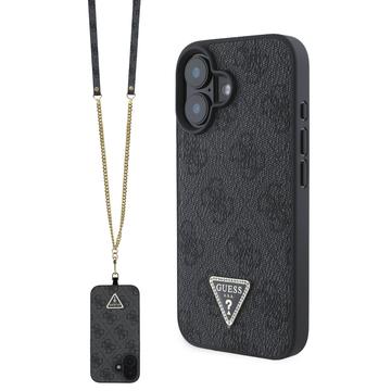 iPhone 16 Guess 4G Strass Triangle Metal Logo Cover med Crossbody Rem - Sort