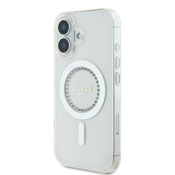 iPhone 16 Guess IML Rhinestones Ring Cover - MagSafe-kompatibel - Hvid