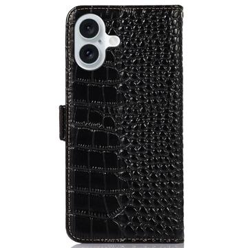 iPhone 16 Plus Crocodile Series Læderpung med RFID - Sort