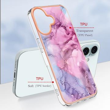 iPhone 16 Plus Marmormønster Galvaniseret IMD TPU Cover - Blå / Pink