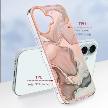 iPhone 16 Plus Marmormønster Galvaniseret IMD TPU Cover - Pink