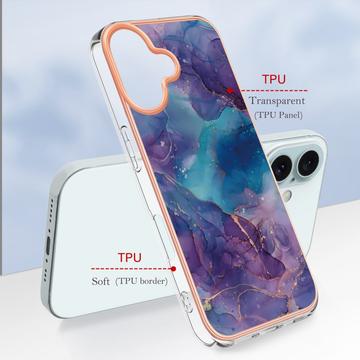 iPhone 16 Plus Marmormønster Galvaniseret IMD TPU Cover - Lilla