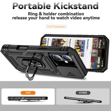 iPhone 16 Plus Roterende Ring Hybrid Cover med Kameraskjold - Sort