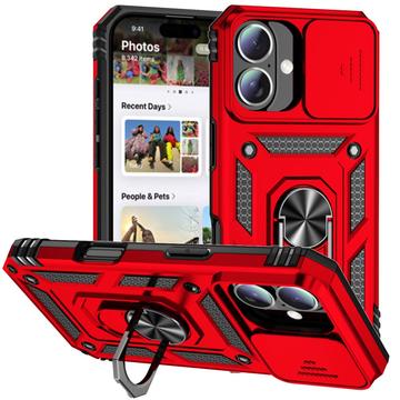 iPhone 16 Plus Roterende Ring Hybrid Cover med Kameraskjold - Rød