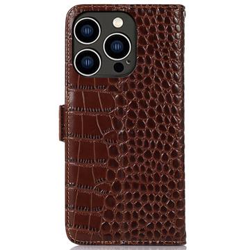 iPhone 16 Pro Crocodile Series Læderpung med RFID - Brun