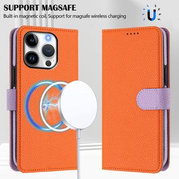 iPhone 16 Pro aftageligt pungetui med MagSafe, RFID-beskyttelse og håndrem - orange / lilla