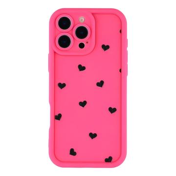 iPhone 16 Pro Max stødsikkert TPU-cover med hjertemønster og forhøjede kanter - Hot Pink