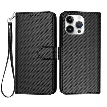 iPhone 16 Pro Max Premium Wallet-etui med rem - kulfiberstruktur - kulsort