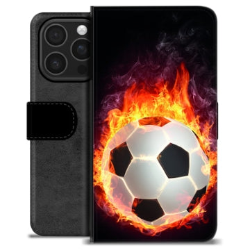 iPhone 16 Pro Premium Flip Cover med Pung - Fodbold Flamme