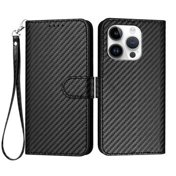iPhone 16 Pro Premium Wallet-etui med rem - kulfiberstruktur - kulsort