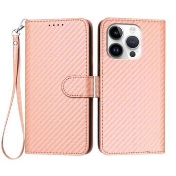 iPhone 16 Pro Premium Wallet-etui med rem - kulfiberstruktur - Kulstoflyserød