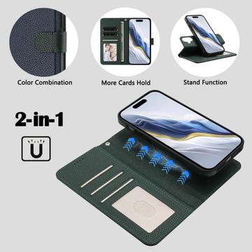 iPhone 17 aftageligt pungetui med MagSafe, RFID-beskyttelse og håndrem - blå / grøn