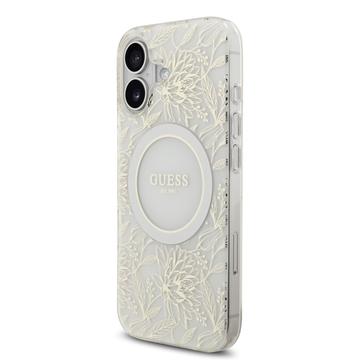iPhone 17 Guess IML Flowers Allover Electro Cover med Perlestrop - MagSafe-kompatibel - Hvid