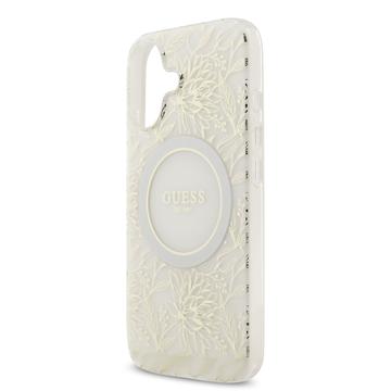 iPhone 17 Guess IML Flowers Allover Electro Cover med Perlestrop - MagSafe-kompatibel - Hvid