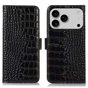 iPhone 17 Pro Crocodile Series Læderpung med RFID - Sort