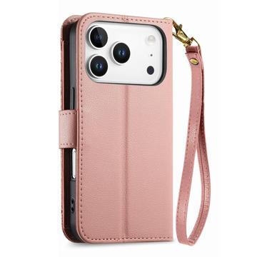 iPhone 17 Pro Pungetui med blomster- og bladmønster med lynlåslomme og håndledsrem - Pink
