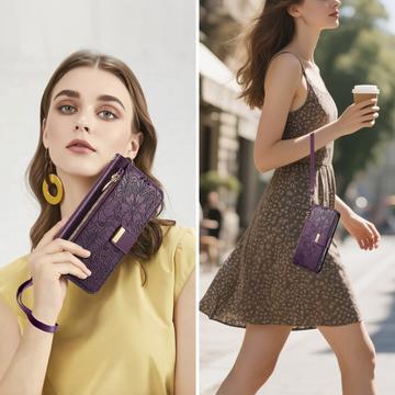 iPhone 17 Pro Pungetui med blomster- og bladmønster med lynlåslomme og håndledsrem - Lilla