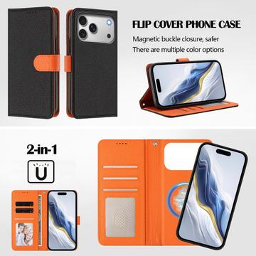 iPhone 17 Pro Max aftageligt pungetui med MagSafe, RFID-beskyttelse og håndrem - sort / orange