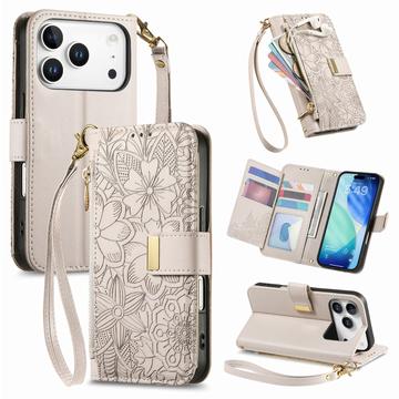 iPhone 17 Pro Max Pungetui med blomster- og bladmønster med lynlåslomme og håndledsrem - hvid