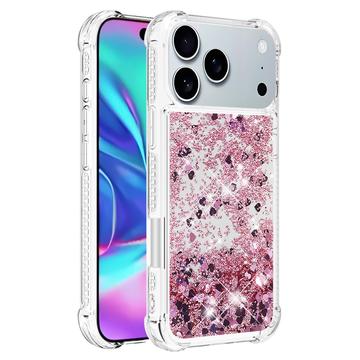 iPhone 17 Pro Max Glitter Quicksand TPU Cover - rosaguldfarvede hjerter
