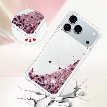 iPhone 17 Pro Max Glitter Quicksand TPU Cover - rosaguldfarvede hjerter