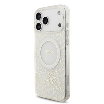 iPhone 17 Pro Max Guess IML Flowers Allover Electro Cover med Perlestrop - MagSafe-kompatibel - Hvid