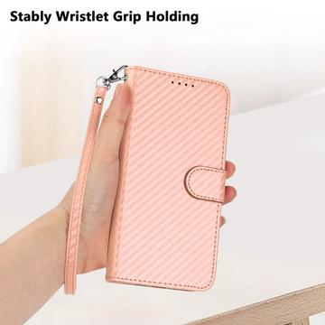 iPhone 17 Pro Premium Wallet-etui med rem - kulfiberstruktur - Kulstoflyserød