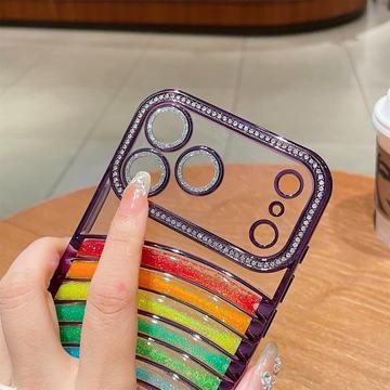 iPhone 17 Pro Regnbue Kviksand Hybrid Cover med Rhinestone-kameradekor - Lilla
