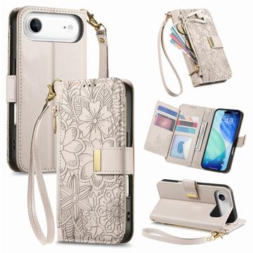 iPhone Air Pungetui med blomster- og bladmønster med lynlåslomme og håndledsrem - hvid