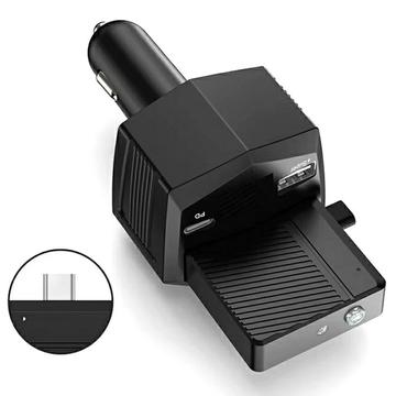 2-i-1 65W hurtig biloplader og 2000mAh powerbank med lommelygte - sort