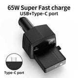 2-i-1 65W hurtig biloplader og 2000mAh powerbank med lommelygte - sort