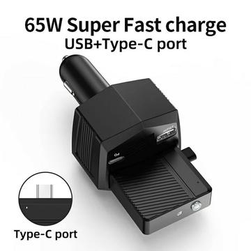 2-i-1 65W hurtig biloplader og 2000mAh powerbank med lommelygte - sort